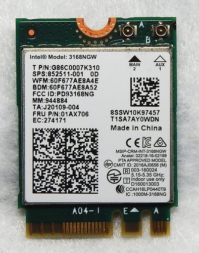 Intel Dual Band Wireless-AC 3168NGW ~ 2.4/5Ghz 802.11a/c WLAN+Bluetooth 4.2 Card - 第 1/2 張圖片