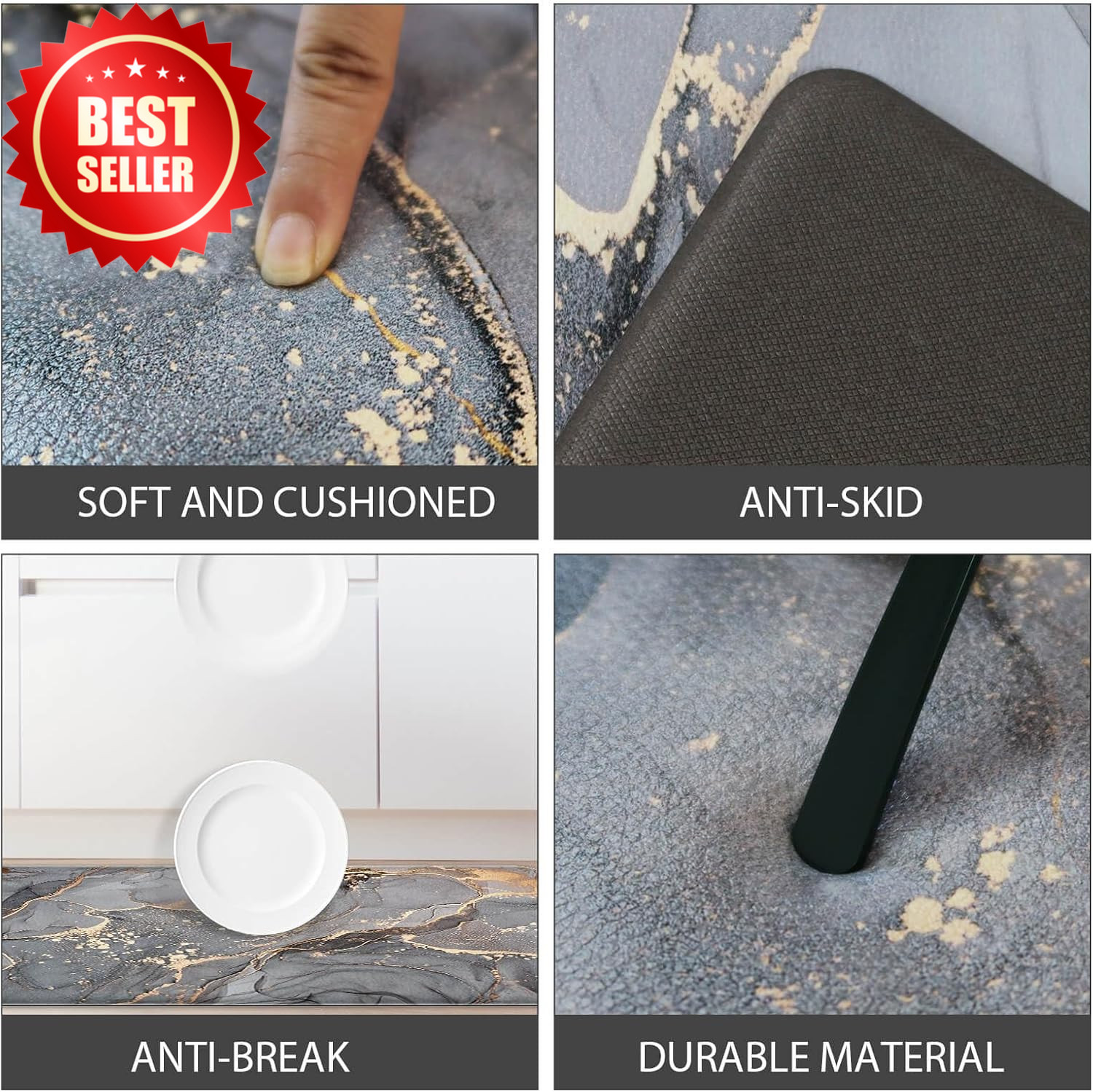 2pc Grey Kitchen Mat Set Anti Fatigue Non-Slip Waterproof Memory Foam Rug