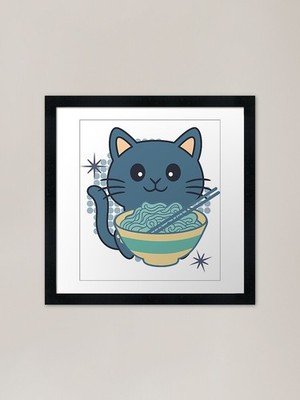 Blue Cat and Ramen Bowl Framed Art  Framed Wall Art Poster Canvas Print Picture