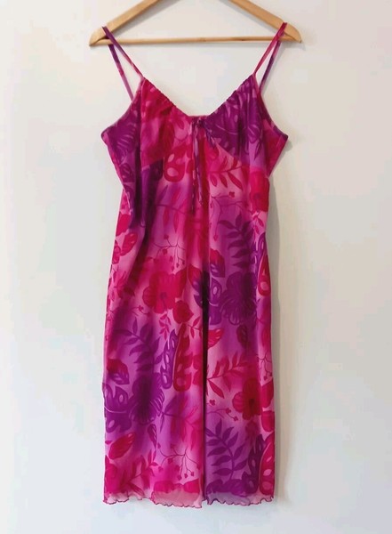 Y2k Mesh Slip DRESS Size 14 Hot Pink Stretch Body Con Strappy Slinky 90s Purple