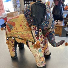 vintage Indian stuffed elephant, embroidered, with reflective inserts, cotton