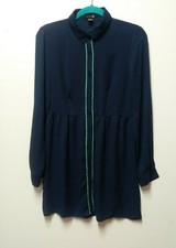 Forever 21 Dress Navy Blue Full Button-Up Sz M Collared Chiffon elastic waist LS