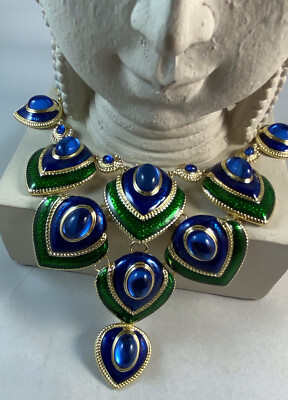 IMAN Global Chic Goldtone Oval Stone Enamel Necklace ~ BLUE MULTI ~ 17-1/2''