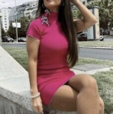 ZARA Fuchsia Pink Knit Mini Dress with Mint Green Bows Size S Bloggers Fave