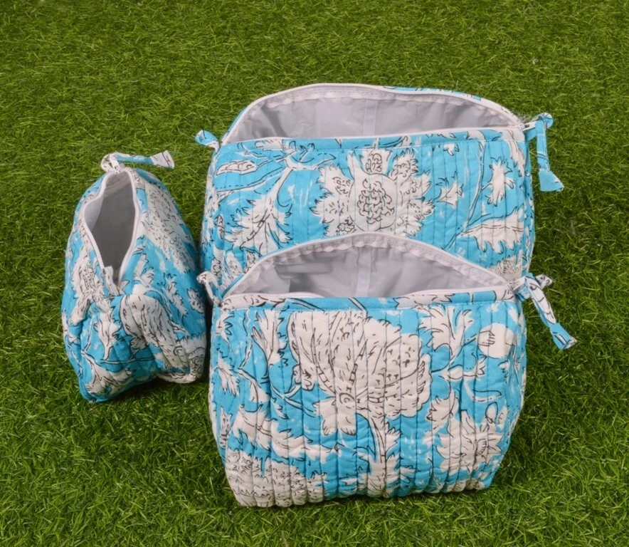 Set Of 3 PC Indian Pure Cotton Quilted Toiletry Bags Makeup Storage Zipper Bags