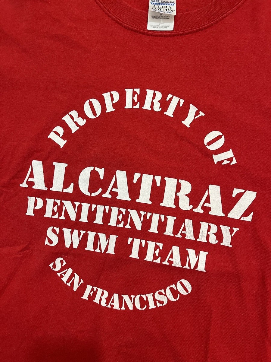 Vintage Property Of Alcatraz Swim Team T Shirt Size Large Red Bay