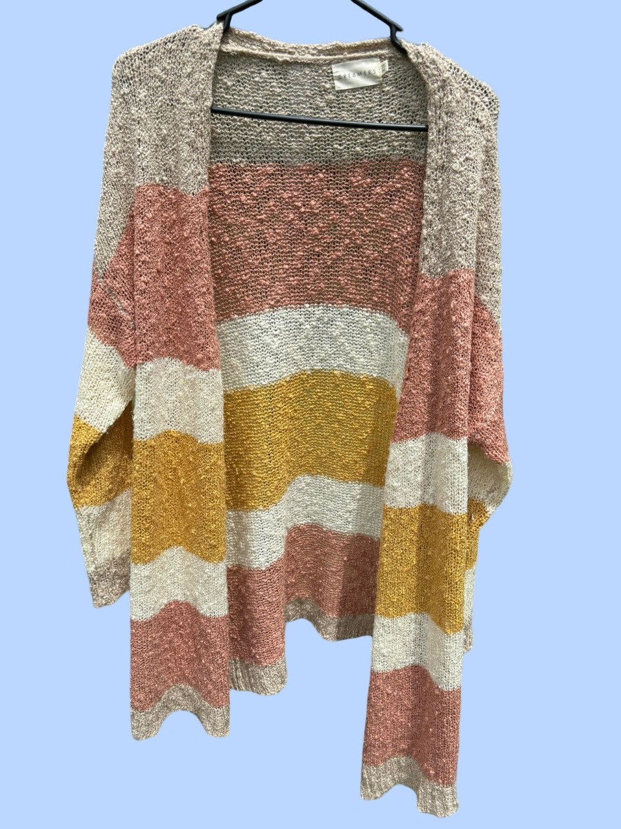 DREAMERS WOMENS PINK YELLOW STRIPED LONG SLEEVE CARDIGAN SWEATER SIZE M/L