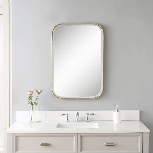 Minimalist Gold Metal Bamboo Wall Mirror Vanity Round Edge Rectangle Asian - Picture 2 of 8