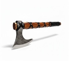Custom Forged Viking Axe, Damascus Steel Blade, Rose Wood leather wrap Handle.