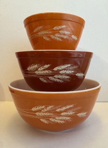 Pyrex Autumn Harvest Wheat Mixing Bowl Set 401 402 403 Orange Vintage Used