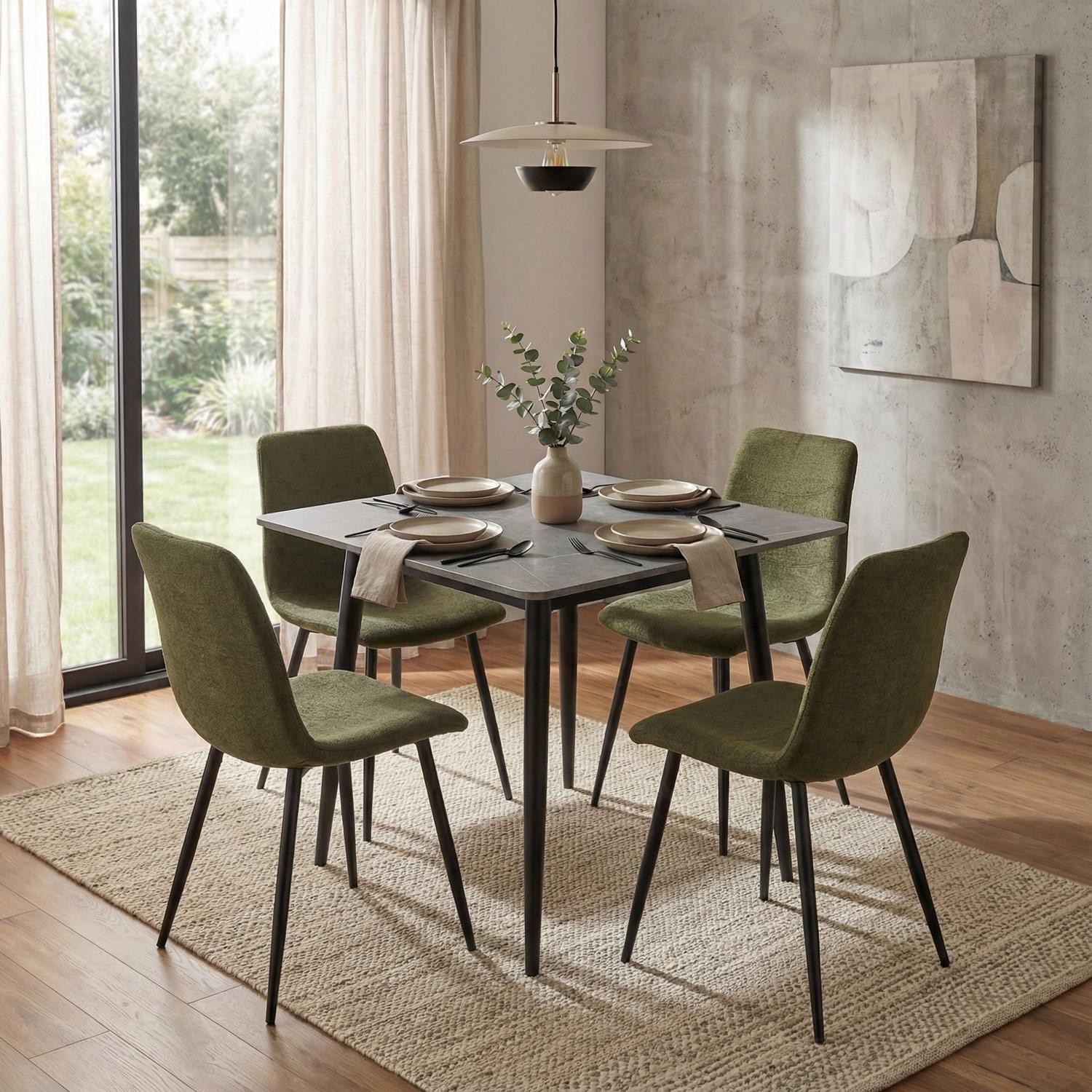 5 Piece Dining Set Grey Sintered Stone 70cm Table Green Chairs Sand Blasted Leg