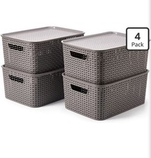 EZOWare 4 Storage Plastic Bins 15 Qt Stackable Weaving Wicker, Lid/Handle -Gray