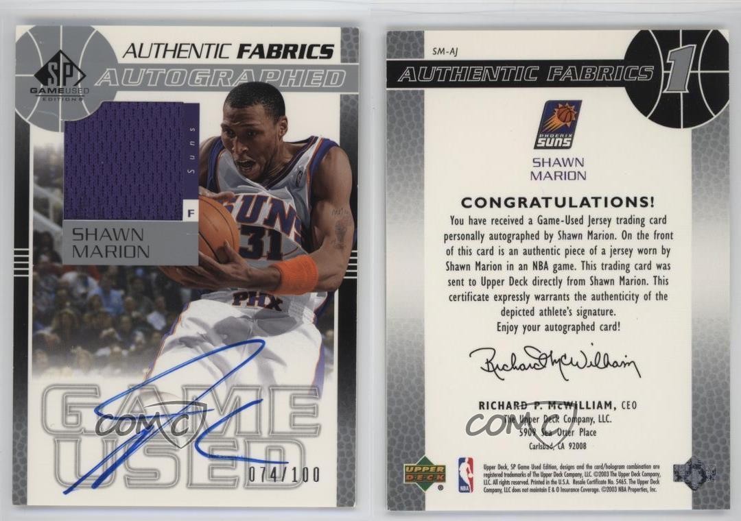 2003-04 SP Game Used Edition Authentic Fabrics Relic Auto 74/100 Shawn Marion view 3