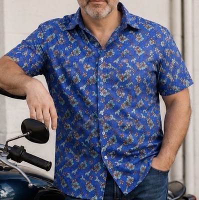 Dixxon  Get Lei d  Hawaiian Work Shirt XL Blue Wrench Floral Motorcycle Biker