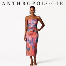 Anthropologie Strapless Floral Mesh Midi Dress Bodycon Pink Blue Print  XL
