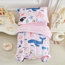4 Piece Toddler Bedding Set for Girls- Ocean Theme Pink Design, Microfiber To...