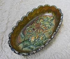 Vintage Imperial Carnival Glass Dish Ruffled Scalloped Dark Amber Pansy Pickle