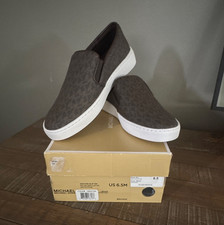 Michael Kors Keaton Slip-On Logo Leather Casual Sneakers Brown/White Women 6.5M