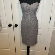 DAVIDS BRIDAL Strapless Mini Dress Sz 2 Gray Floral LACE Overlay Wedding Guest