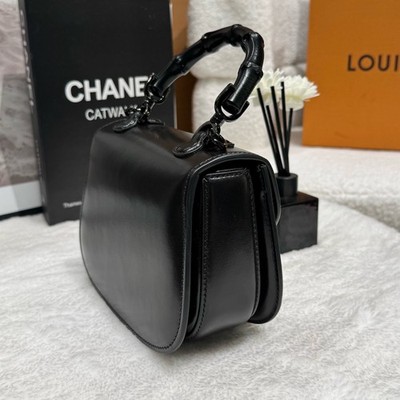 Gucci Bamboo 1947 Mini Black Patent Leather Top Handle Crossbody