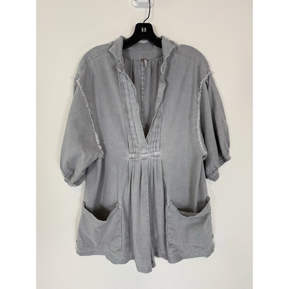 Free People Linen Romper Womens XS Frayed & Pintucked Gray Linen Blend Oversized - Image 3 of 4