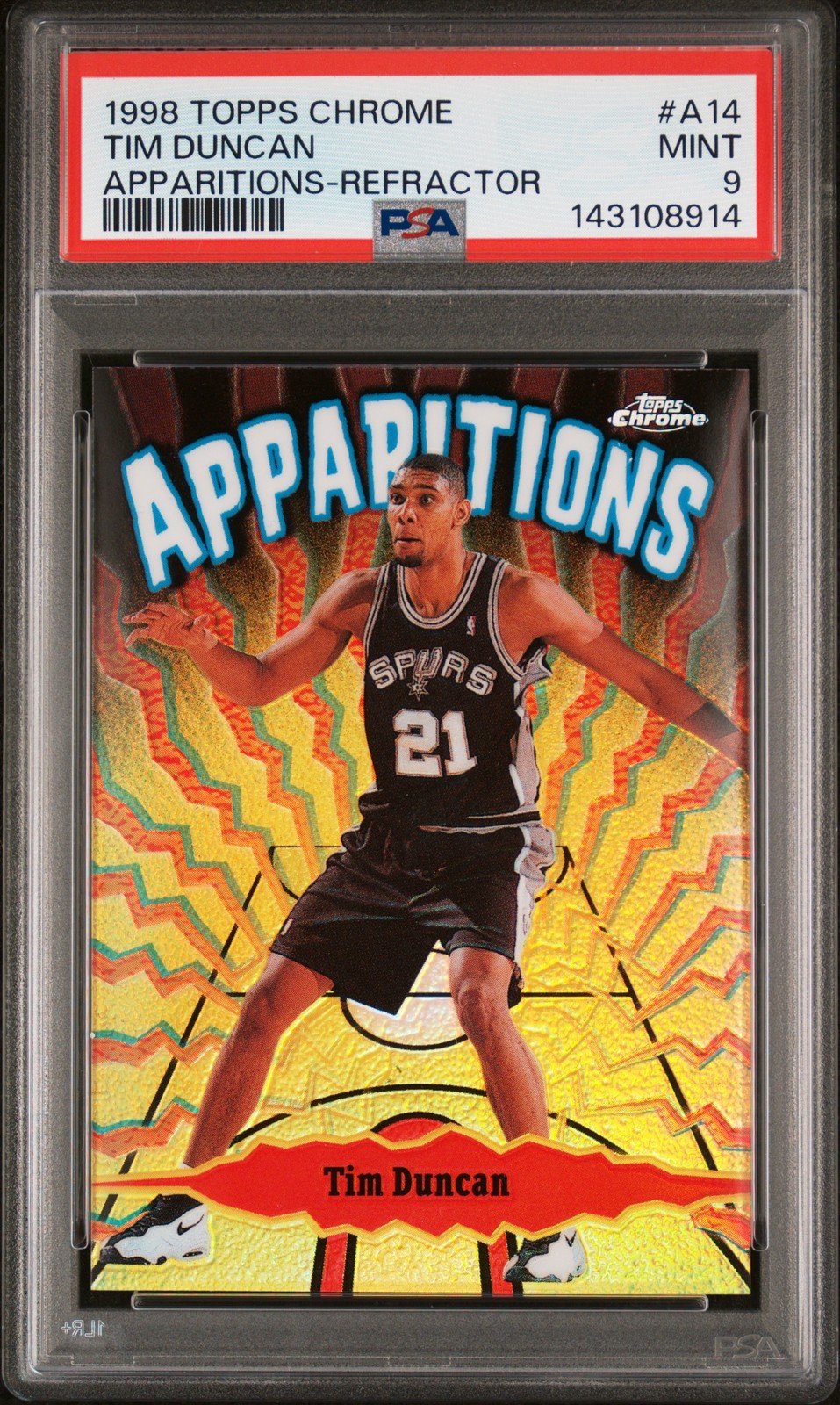 1998 TOPPS CHROME APPARITIONS REFRACTOR #A14 TIM DUNCAN 15/100 PSA 9