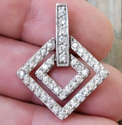 Vintage Sterling Silver Geometric Rhinestone Pendant Floating Square