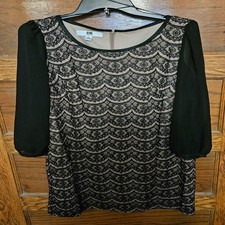 DR COLLECTION Dress 14 Black Tan Lace Knit Back Zip Long Sheer Sleeve