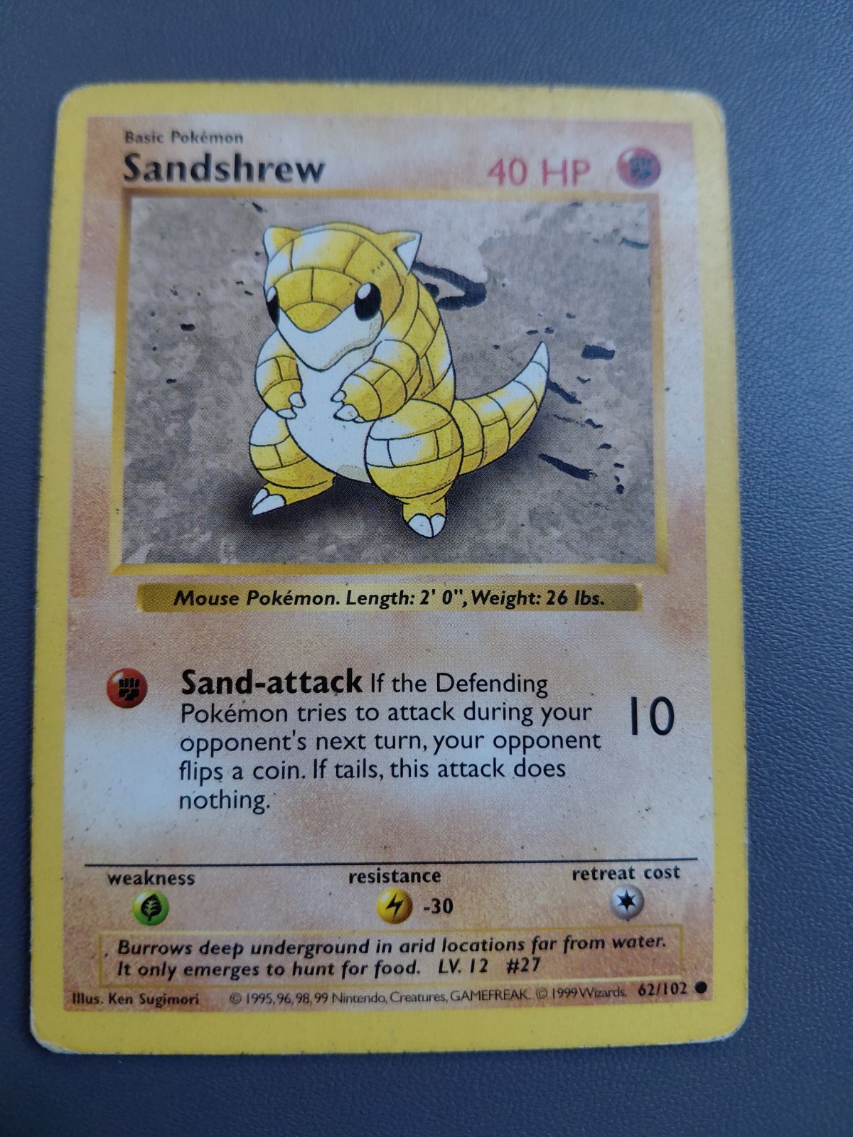 SHADOWLESS - Pokemon SANDSHREW 62/102 Shadowless (1999 Base Set) LP/NM