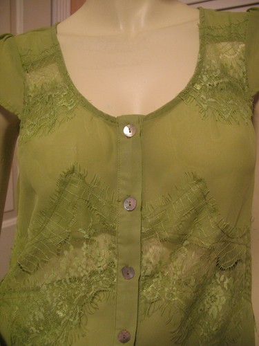 New Vintage Y2K 90s Lace Sheer Top Button Up Green Boho Fairy Fairycore Princess - Picture 11 of 12