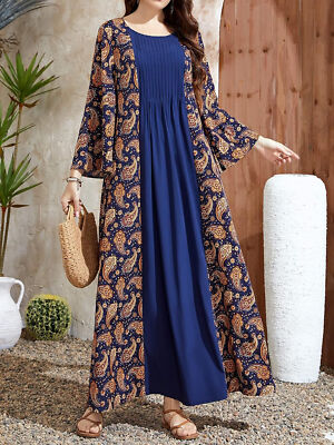 Muslim Vintage Floral Elegant Women Abaya Kaftan Maxi Dress Flared Sleeve  Caftan