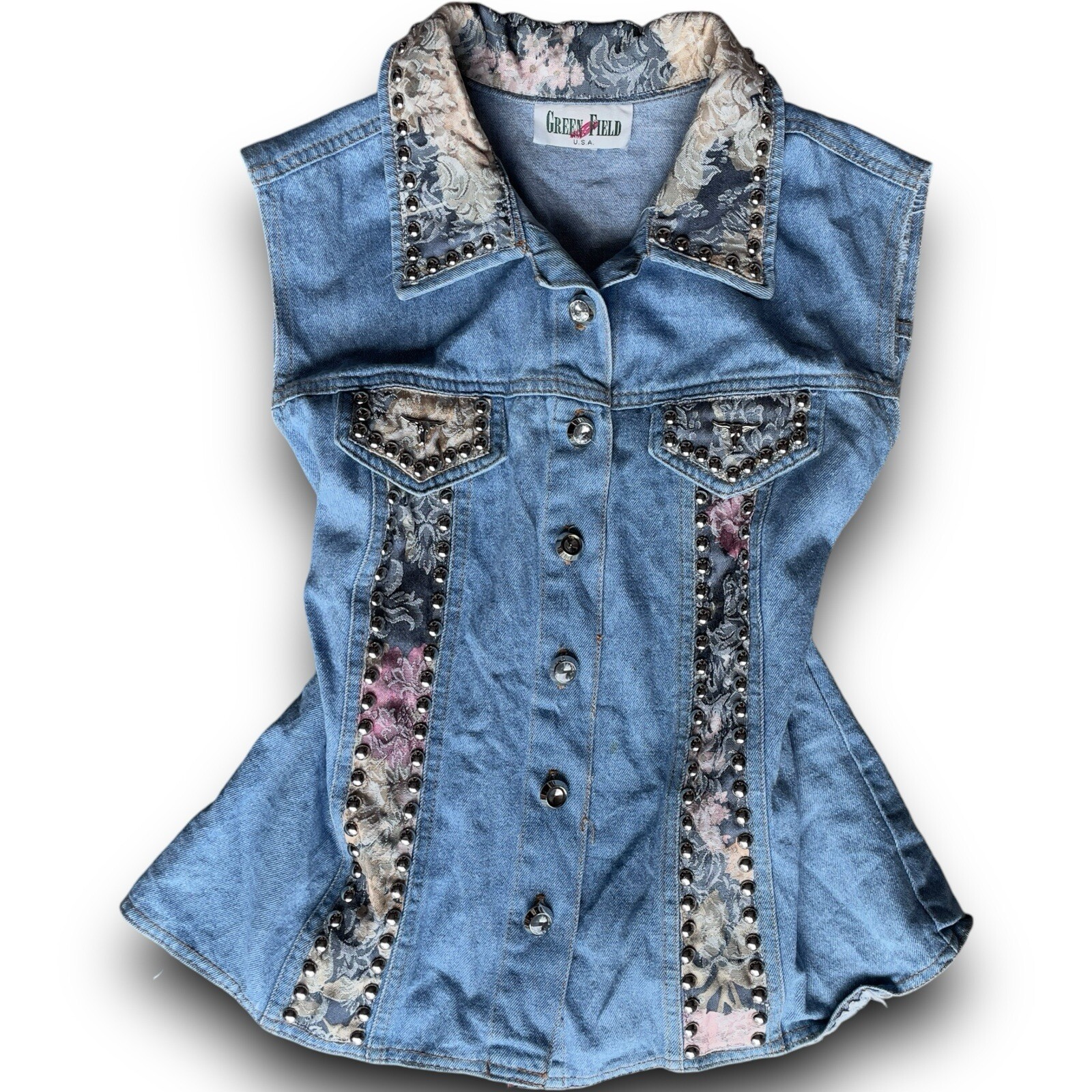 vtg blue denim vest cowgirl floral embroidery studded button up tapestry cottage