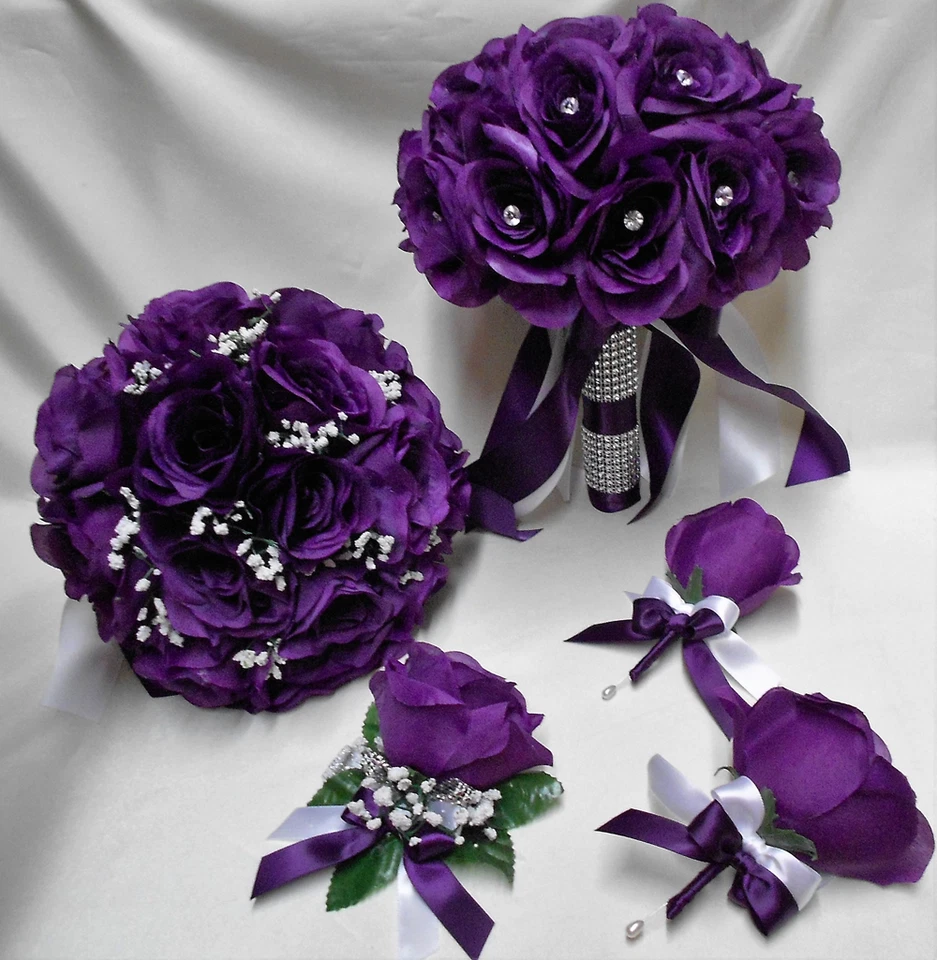 Wedding Silk Flower Bridal Bouquet 2 pieces Bride Groom Purple Eggplant Brooch - Image 4 of 4