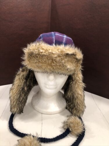 American Eagle Trapper Hat Plaid PURPLE Winter Fau