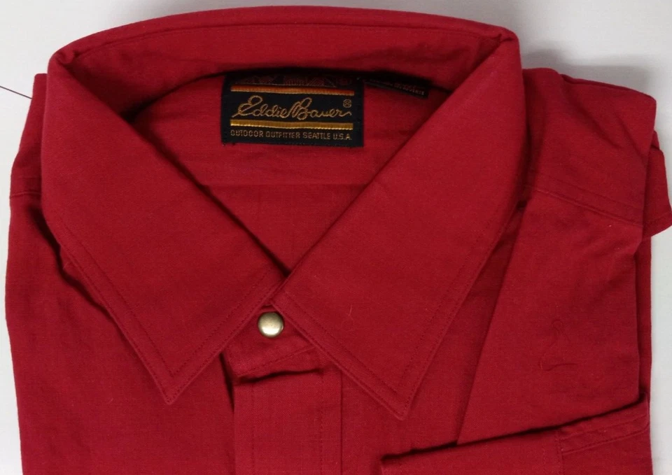 Camisa De Colección Años 70 Eddie Bauer Roja Mediana Exterior Manga Larga Cuello Abotonado Nueva de Lote Antiguo Foto 2 de 4