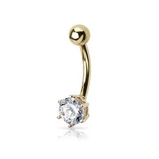 14k Gold Navel Ring - Round 6mm Prong Set CZ W/ 14 Karat Solid Yellow Gold Shaft