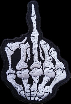 Skelett Finger Bügelbild Patch Nähen Goth Biker Fuck-Off Screw You Hand Mittelknochen