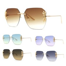 Rimless Foliage Flower Jewel Trim Rectangle Chic Sunglasses