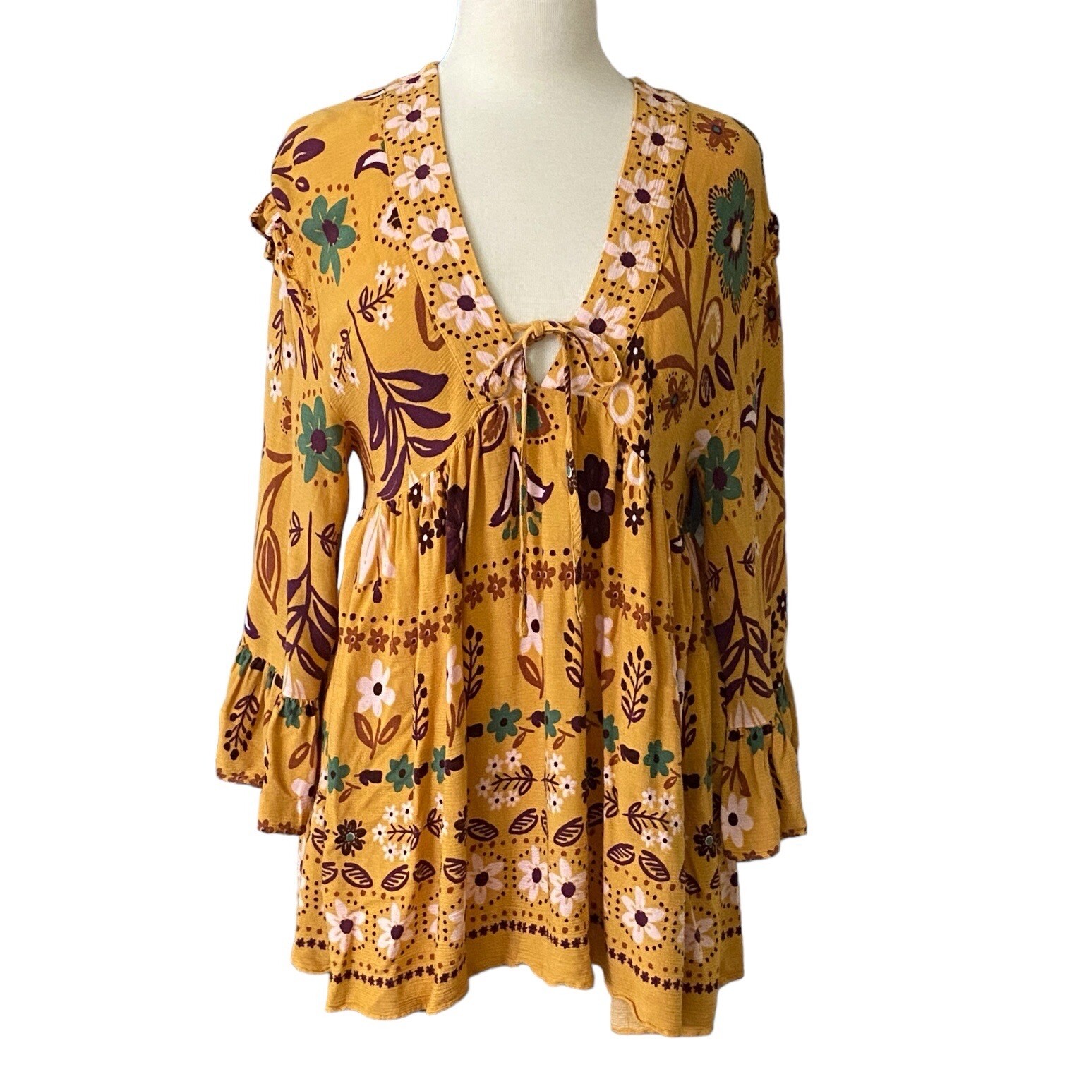 Easel Los Angeles Mustard Yellow Floral Babydoll Tunic Top Boho Flowy