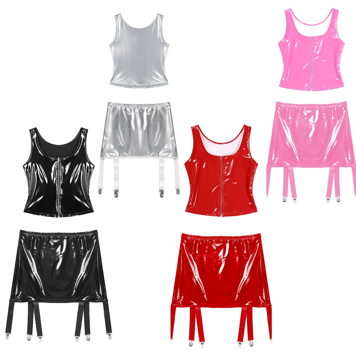 Womens 2 Piece PVC Leather Set Zipper Tank Tops with Garter Belt