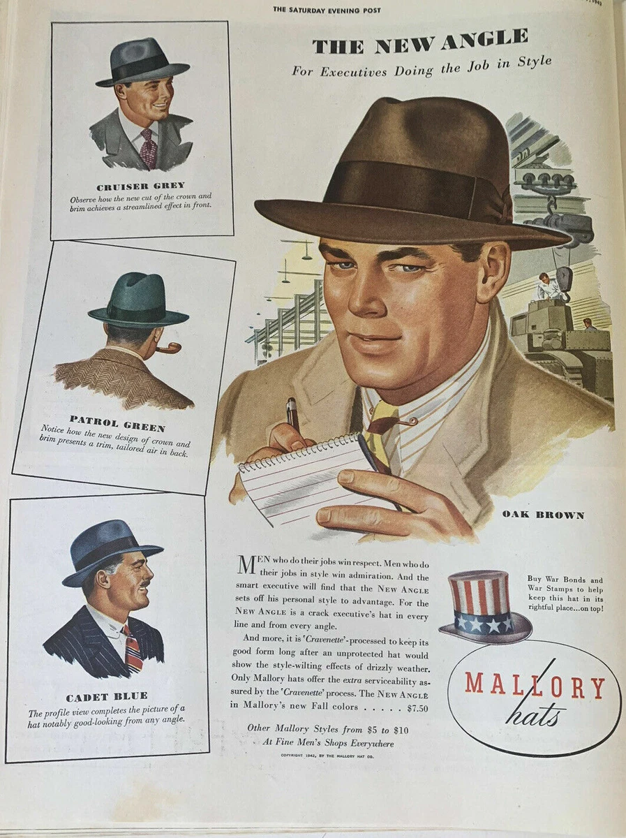 1942 Mallory Hats The New Angle Hat men s head wear vintage art