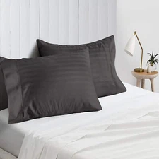4 PCs Pillow Case Set 600 TC 100% Cotton Gray Stripes Queen Size