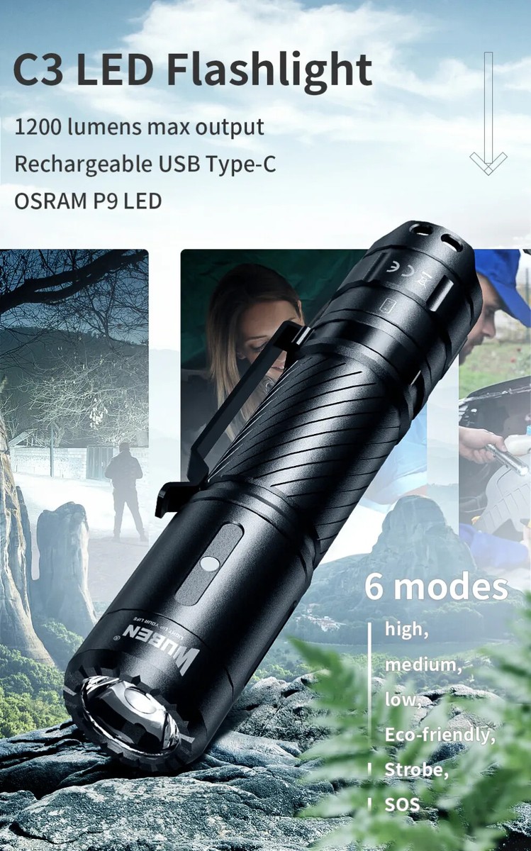 c3 rechargeable flashlight WUBEN 1200 High Lumens Bundle H4 LED Headlamp Rechargeable, 800 Lumens Super Bright : Tools & Home Improvement you can go wherever you want after dusk C3 1200 Lumen Compact Flashlight