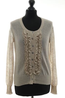 Marc Cain Damen Cardigan Strickjacke N3 38 beige leicht Rundhals Knopf + Leinen