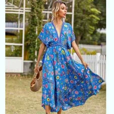 R.Vivimos Blue Floral Deep V Neck Beach Midi Dress Fit & Flare Size S 4/6 NEW