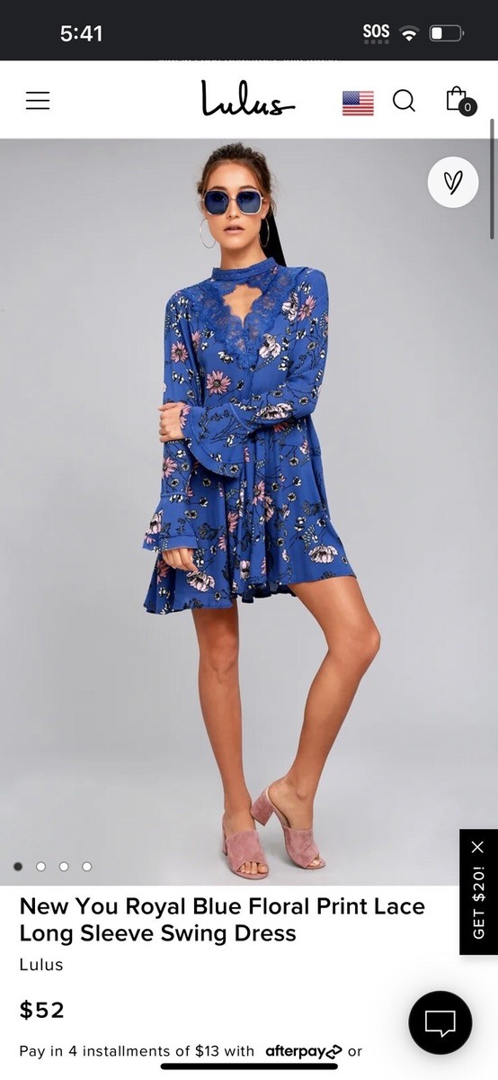 NWT Lulu’s “New You” Royal Blue Floral Lace Long Sleeve Mini Dress Size XS