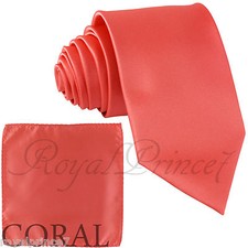 New Men's Solid Skinny Slim Tie Set Necktie And Pocket Square Hanky Prom CORAL