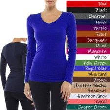  Bozzolo Long Sleeve Plain V-neck T-shirts Cotton/Spandex Junior Size S-3X 