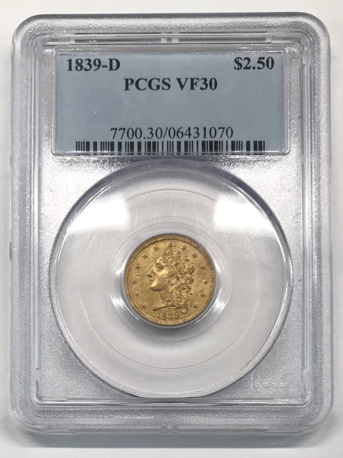 1839 D $2.50 Gold Classic Head Quarter Eagle PCGS VF-30