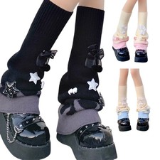 Women Knitted Leg Cover with Plush Balls Bowknot Knitted Flared Long Leg Warmers
